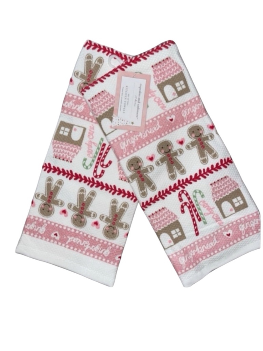 Cupcakes and Cashmere Gingerbread Kitchen Towels Pinkmas Set of 2 NWT
